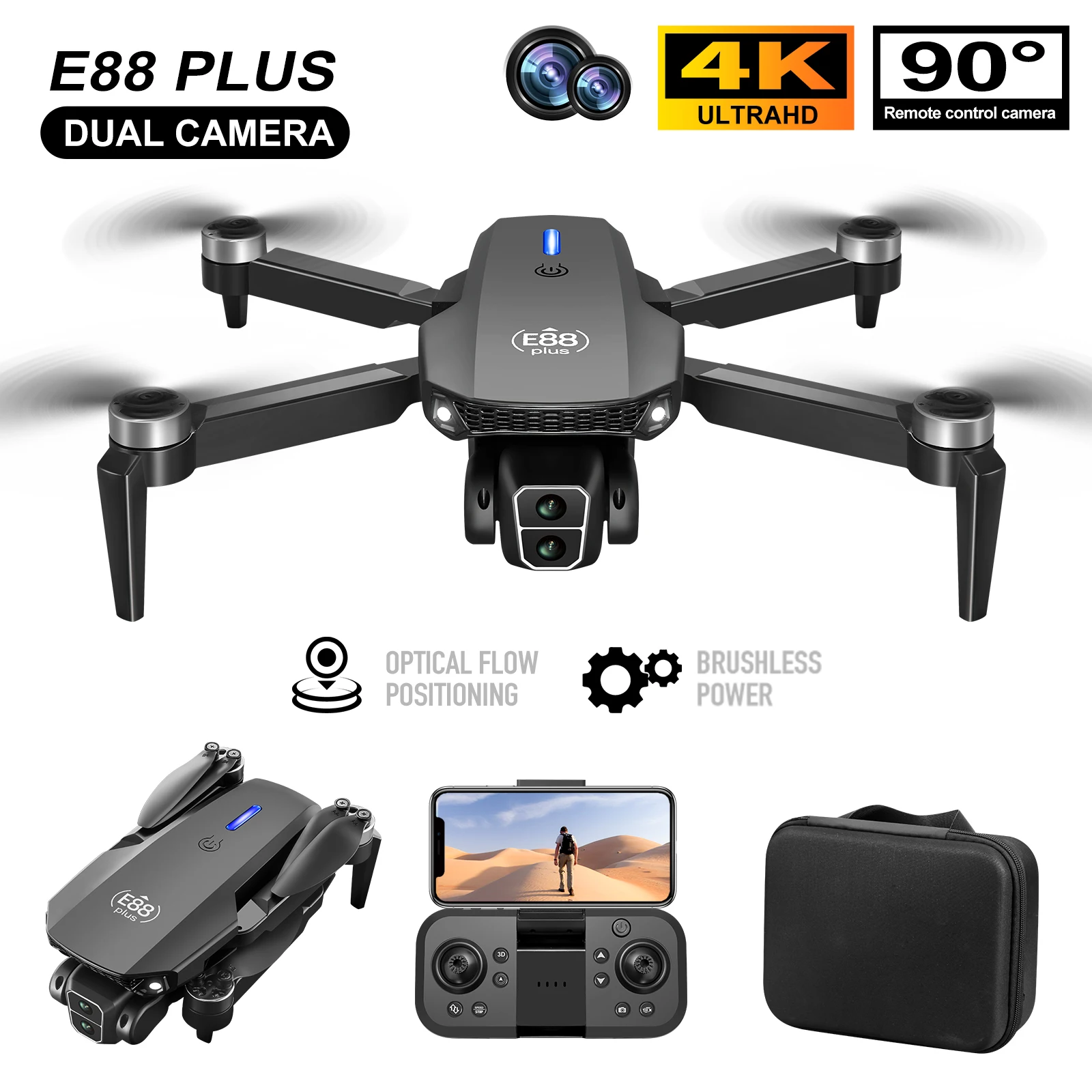 Novo drone quadricóptero E88 P - Drone Gimbal Brushless avaliação e preço